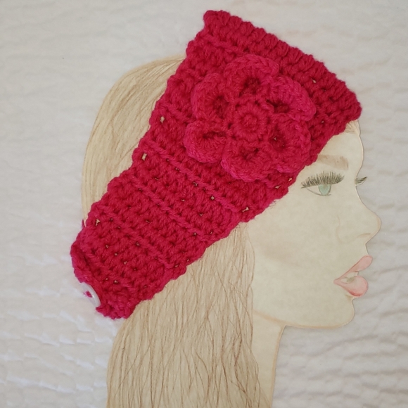 Hot Pink Flower Headband Scarf Set. Crochet. Chain - Picture 5 of 7